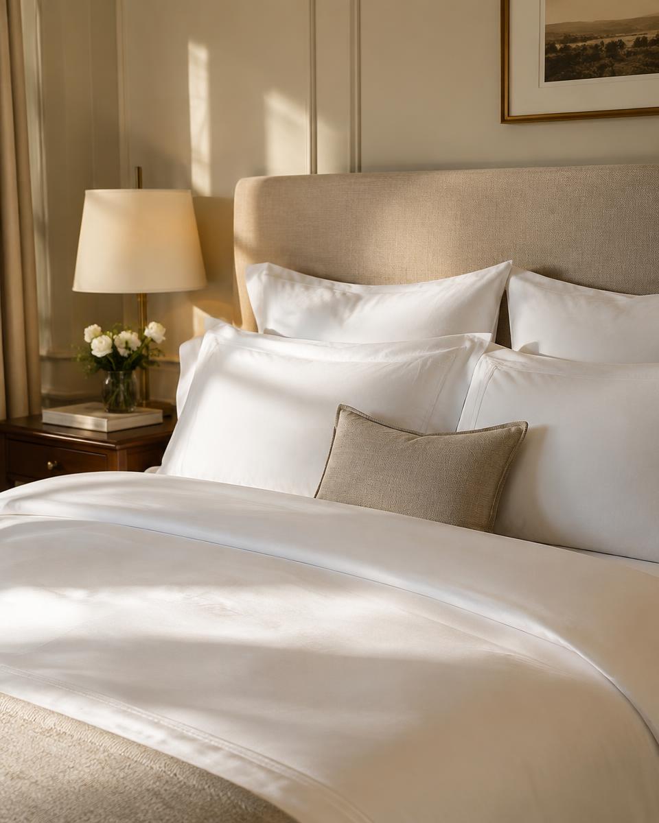 Hotel bed made with crisp white linen