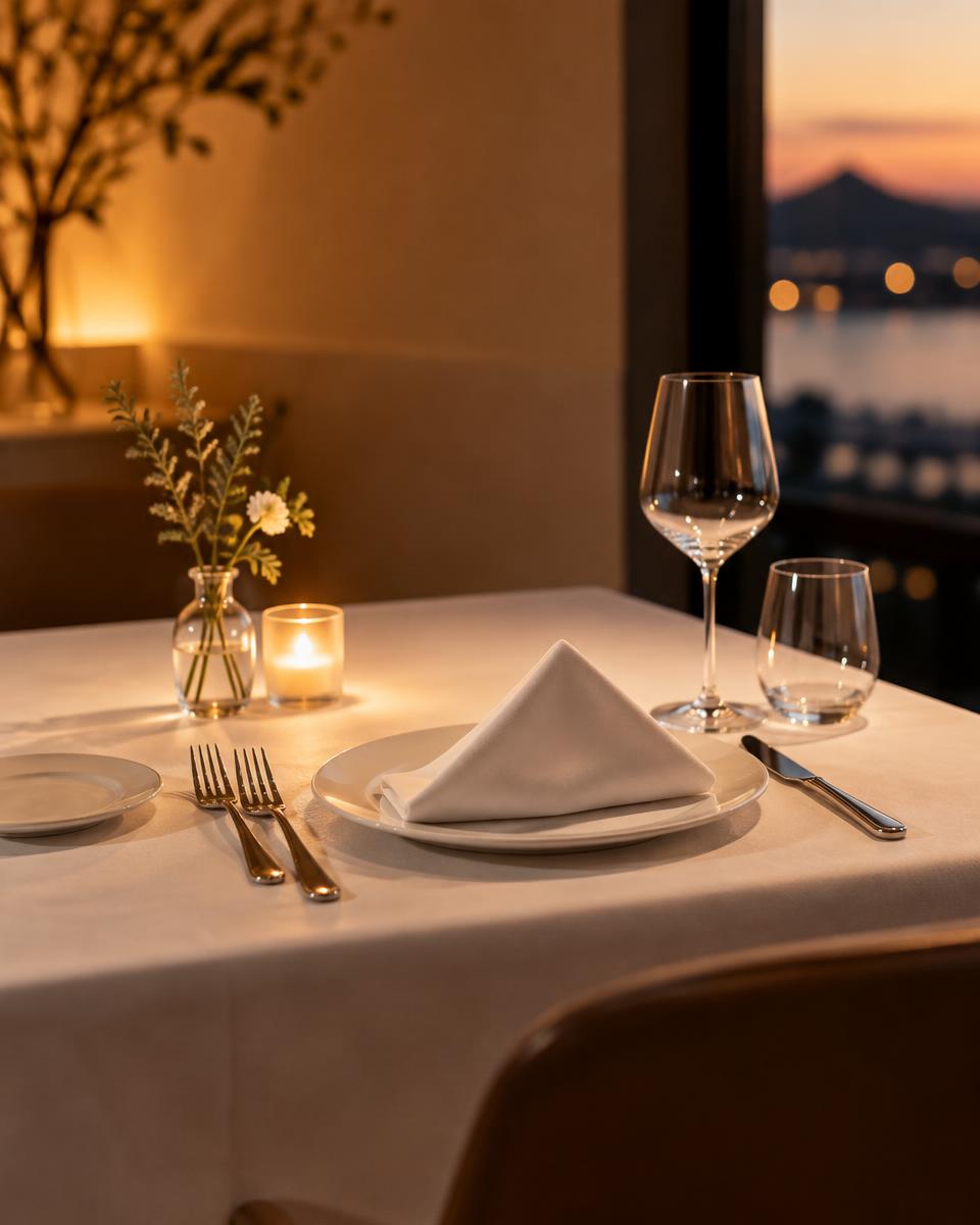 Restaurant table with white linen and napkin
