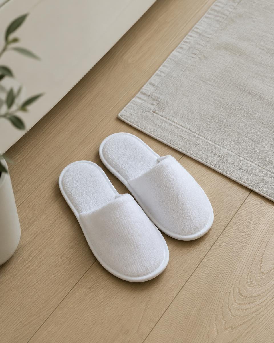 White terry hotel slippers on an oak floor