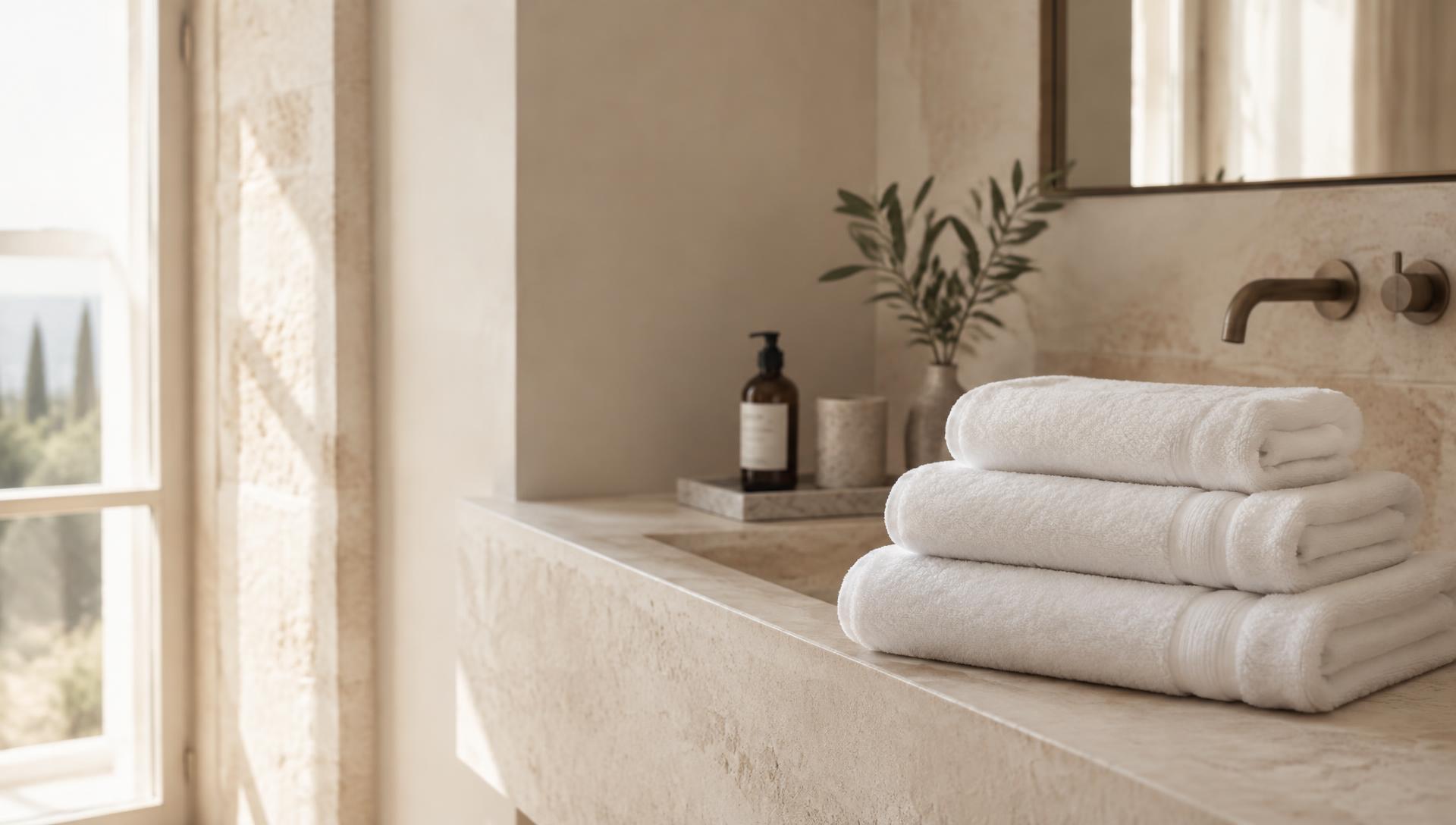 Folded premium white towels on a limestone vanity in a hotel bathroom
